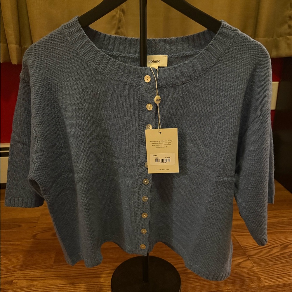 Bohme Blue Button-Front Short Sleeve Sweater